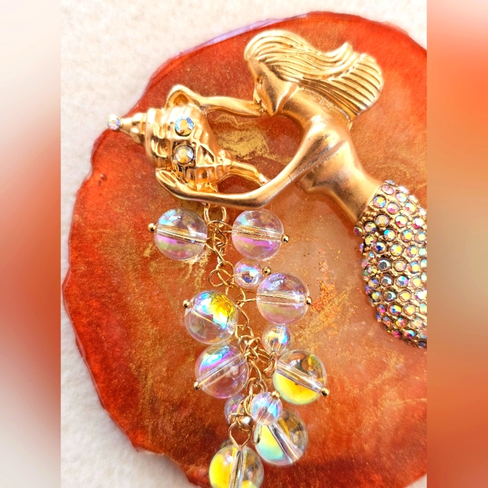 Vintage Kirk's Folly Oceana Gold Aurora Borealis Crystals Mermaid Brooch Dangle - Picture 4 of 15